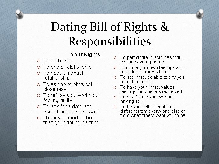 Dating Bill of Rights & Responsibilities O O O O Your Rights: To be