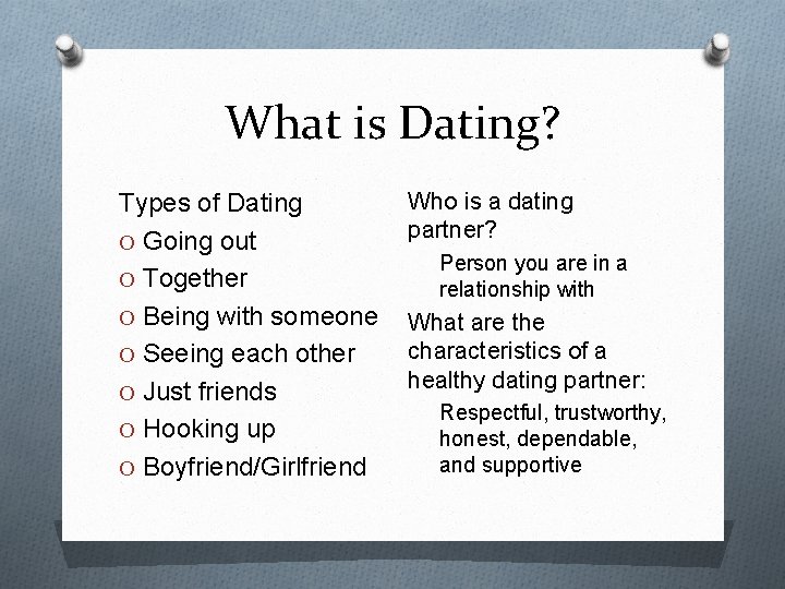 What is Dating? Types of Dating O Going out O Together O Being with