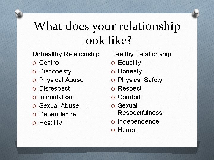 What does your relationship look like? Unhealthy Relationship O Control O Dishonesty O Physical