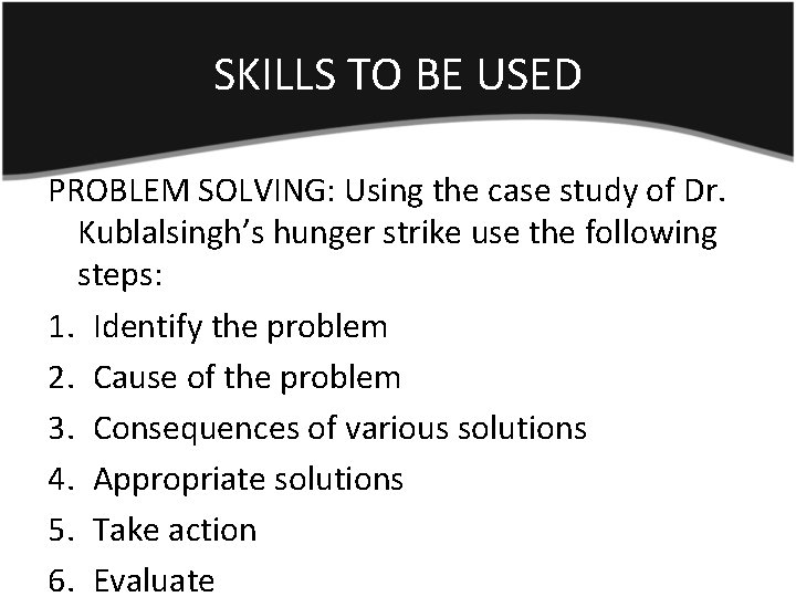 SKILLS TO BE USED PROBLEM SOLVING: Using the case study of Dr. Kublalsingh’s hunger