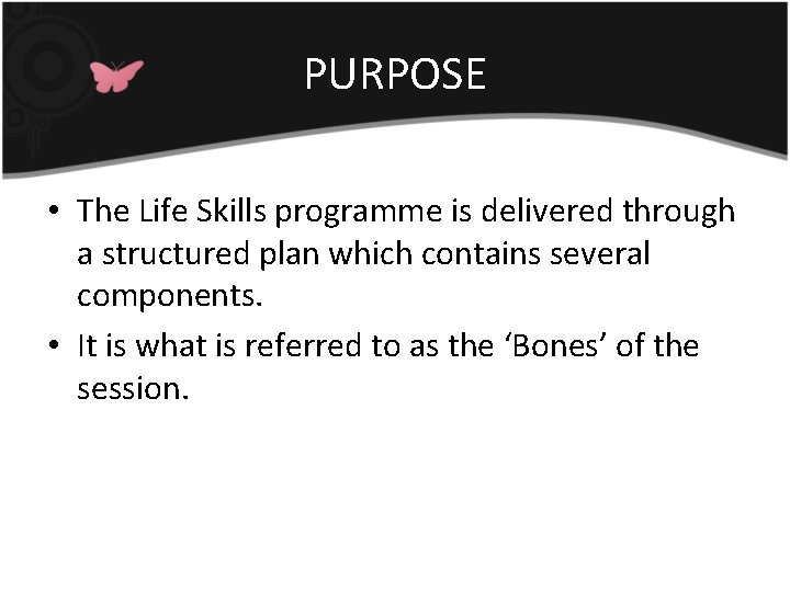 PURPOSE • The Life Skills programme is delivered through a structured plan which contains