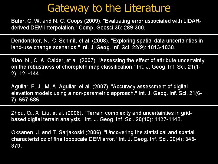 Gateway to the Literature Bater, C. W. and N. C. Coops (2009). "Evaluating error