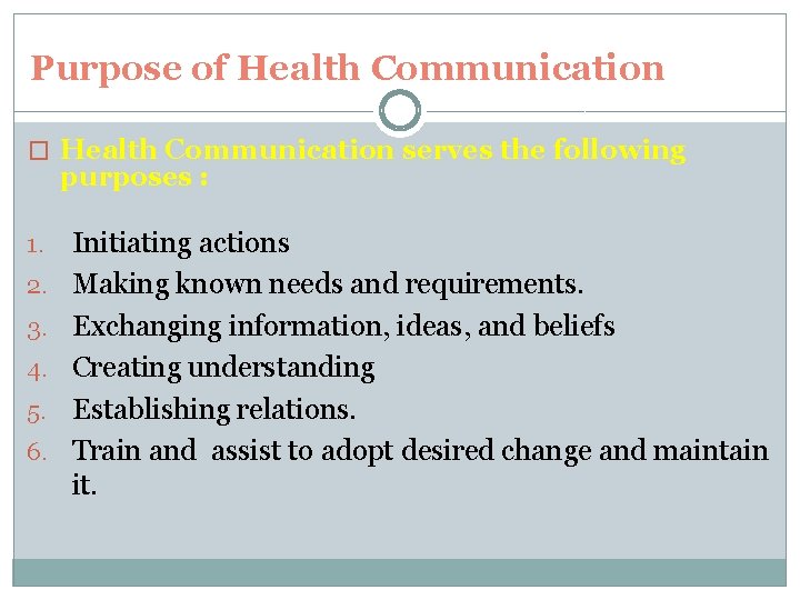 Purpose of Health Communication � Health Communication serves the following purposes : 1. 2.