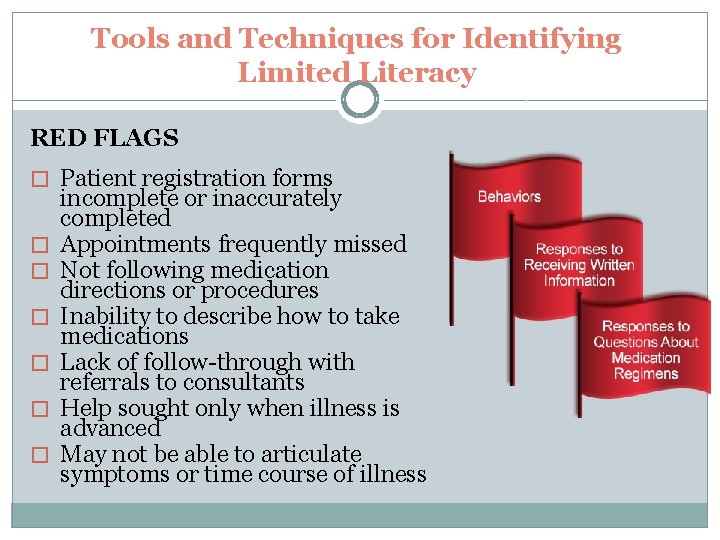 Tools and Techniques for Identifying Limited Literacy RED FLAGS � Patient registration forms �