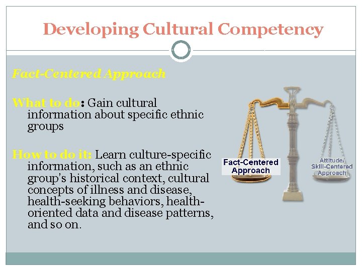 Developing Cultural Competency Fact-Centered Approach What to do: Gain cultural information about specific ethnic