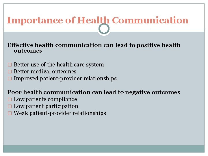Importance of Health Communication Effective health communication can lead to positive health outcomes �