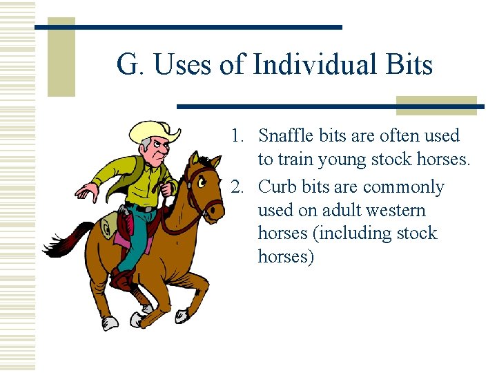 G. Uses of Individual Bits 1. Snaffle bits are often used to train young