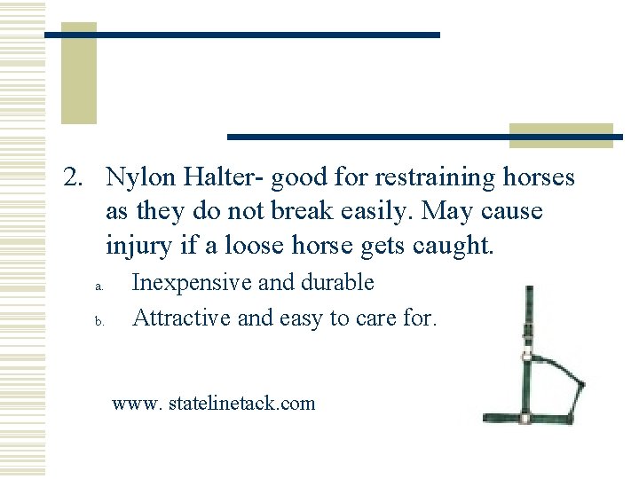 2. Nylon Halter- good for restraining horses as they do not break easily. May