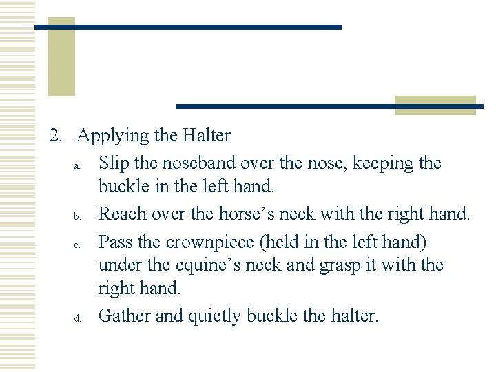 2. Applying the Halter a. Slip the noseband over the nose, keeping the buckle