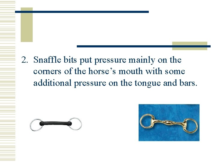 2. Snaffle bits put pressure mainly on the corners of the horse’s mouth with