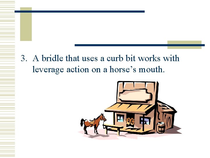 3. A bridle that uses a curb bit works with leverage action on a
