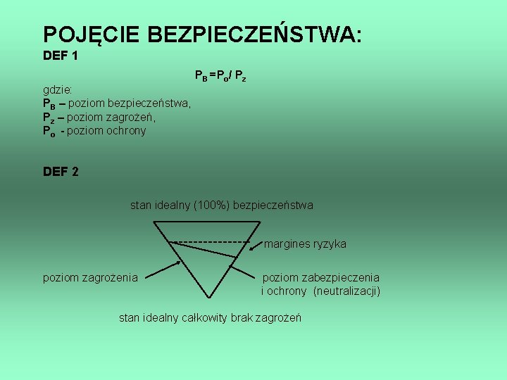 POJĘCIE BEZPIECZEŃSTWA: DEF 1 PB =Po/ Pz gdzie: PB – poziom bezpieczeństwa, Pz –