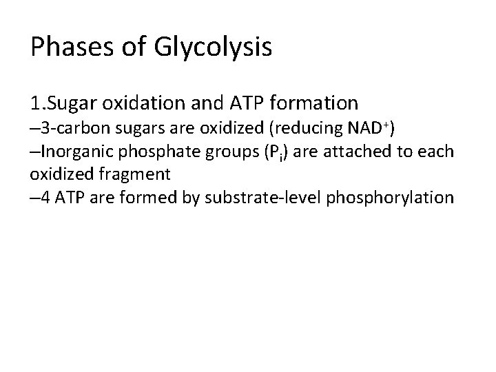 Phases of Glycolysis 1. Sugar oxidation and ATP formation – 3 -carbon sugars are