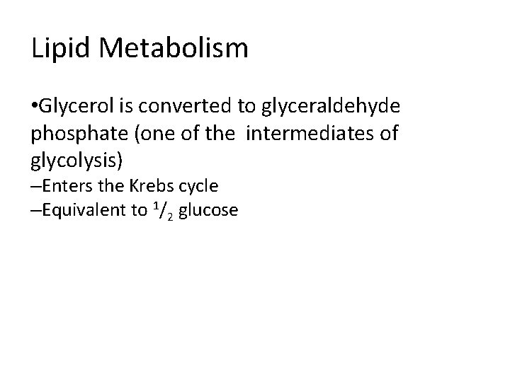 Lipid Metabolism • Glycerol is converted to glyceraldehyde phosphate (one of the intermediates of