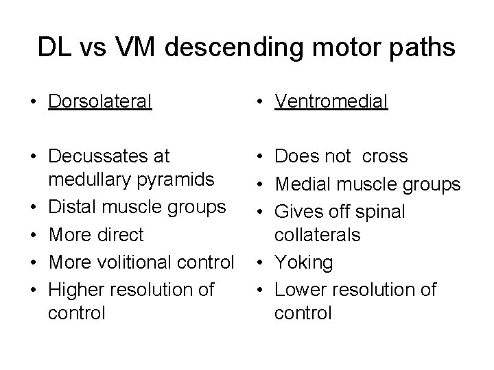 DL vs VM descending motor paths • Dorsolateral • Ventromedial • Decussates at medullary