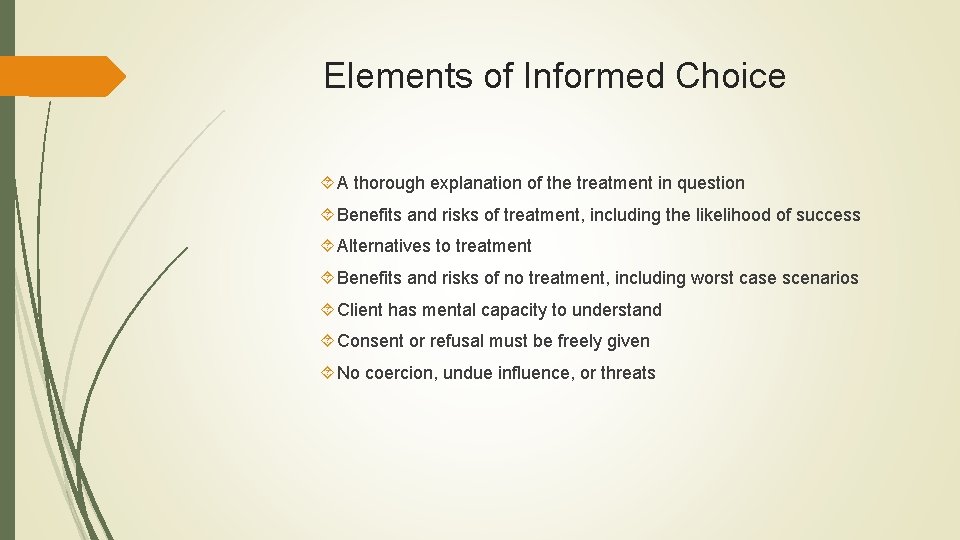 Elements of Informed Choice A thorough explanation of the treatment in question Benefits and