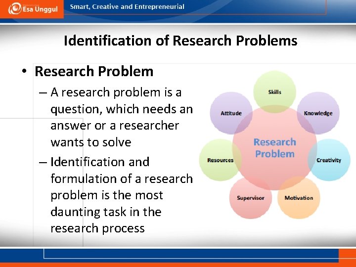 Identification of Research Problems • Research Problem – A research problem is a question,