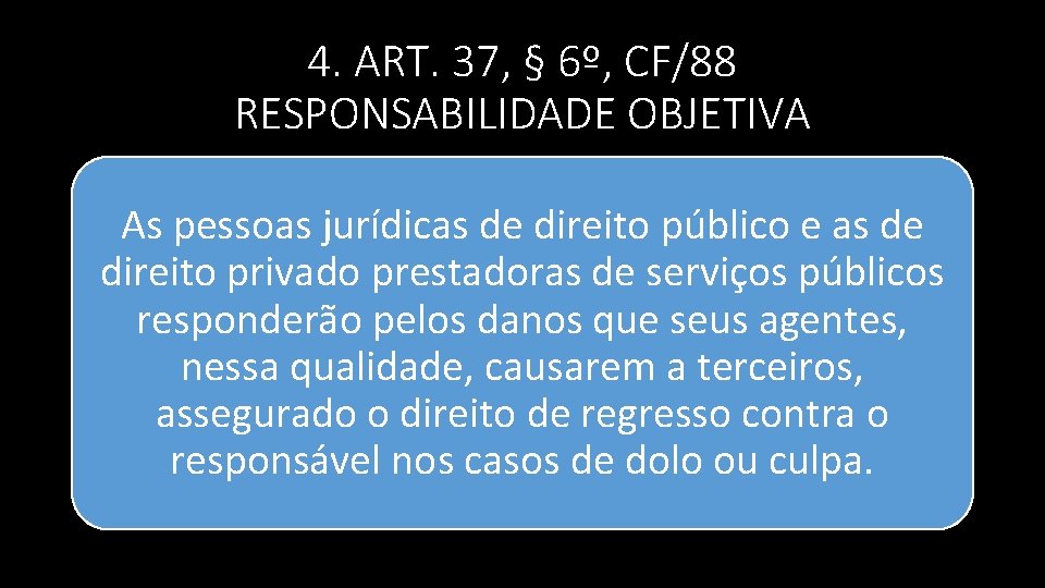 4. ART. 37, § 6º, CF/88 RESPONSABILIDADE OBJETIVA As pessoas jurídicas de direito público