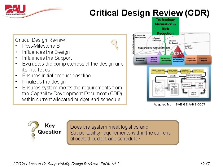 Critical Design Review (CDR) Technology Maturation & Risk Reduction Critical Design Review: • Post-Milestone