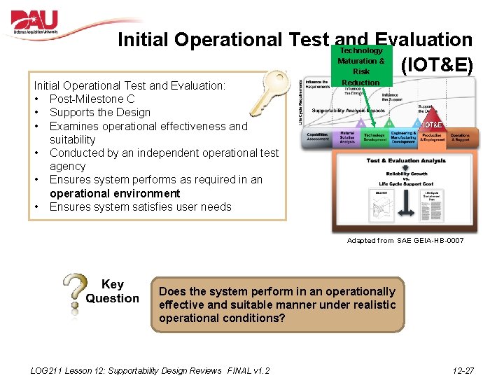 Initial Operational Test and Evaluation (IOT&E) Initial Operational Test and Evaluation: • Post-Milestone C