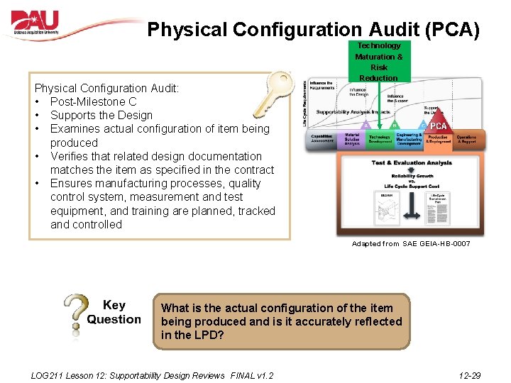 Physical Configuration Audit (PCA) Physical Configuration Audit: • Post-Milestone C • Supports the Design