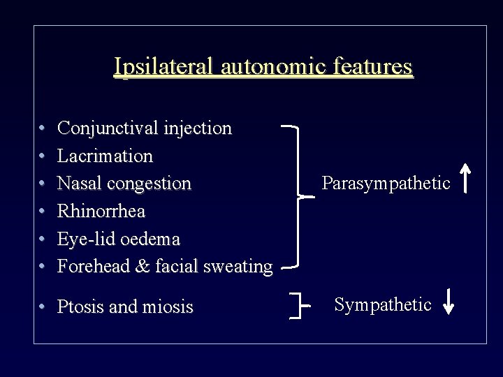 Ipsilateral autonomic features • • • Conjunctival injection Lacrimation Nasal congestion Rhinorrhea Eye-lid oedema