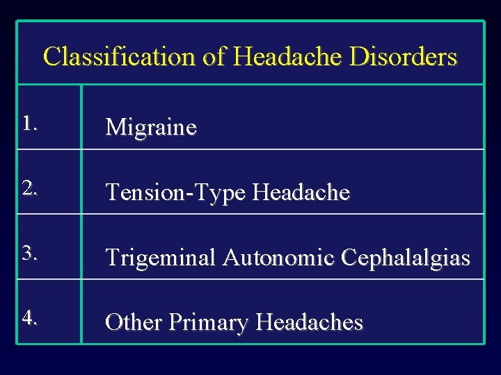 Classification of Headache Disorders 1. Migraine 2. Tension-Type Headache 3. Trigeminal Autonomic Cephalalgias 4.