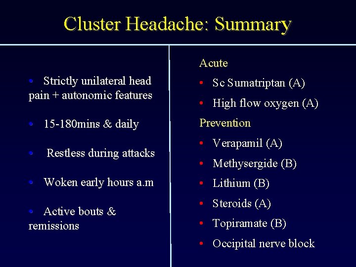 Cluster Headache: Summary Acute • Strictly unilateral head pain + autonomic features • Sc