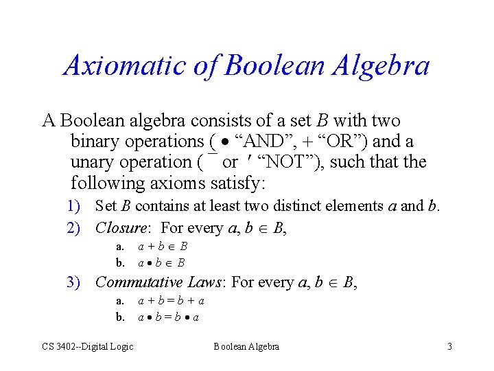 Axiomatic of Boolean Algebra A Boolean algebra consists of a set B with two