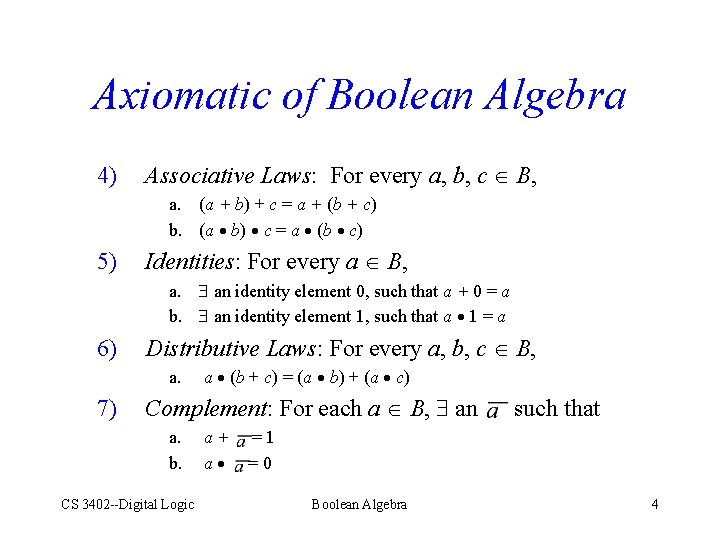 Axiomatic of Boolean Algebra 4) Associative Laws: For every a, b, c B, a.