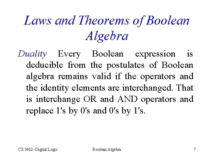 Laws and Theorems of Boolean Algebra Duality Every Boolean expression is deducible from the