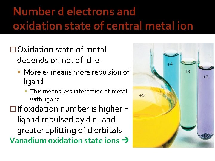 Number d electrons and oxidation state of central metal ion �Oxidation state of metal