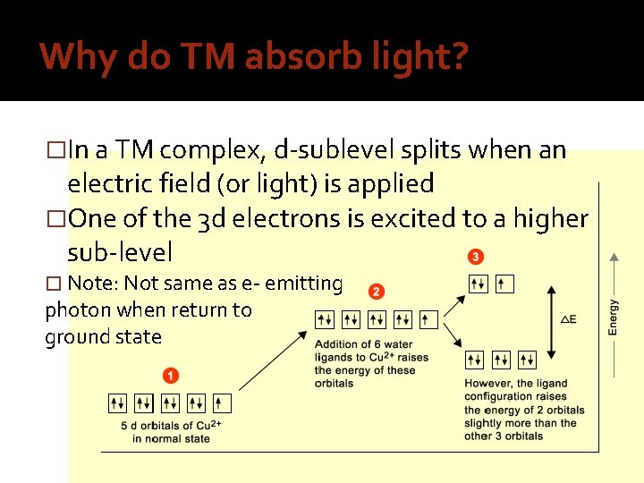 Why do TM absorb light? �In a TM complex, d-sublevel splits when an electric
