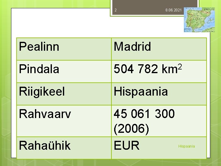 2 8. 06. 2021 Hispaania üldandmed Pealinn Madrid Pindala 504 782 km 2 Riigikeel