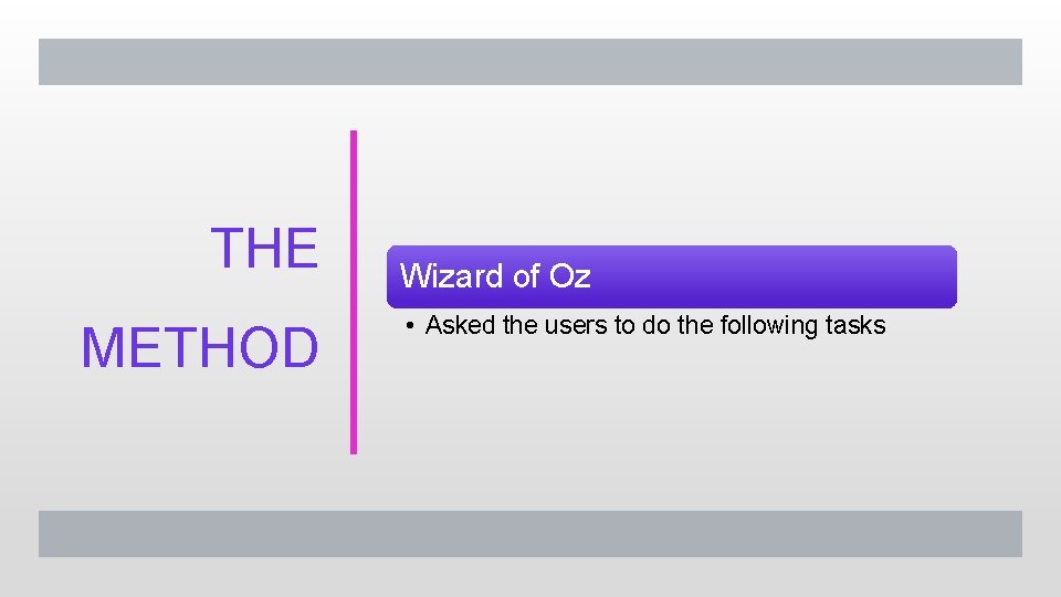 THE METHOD Wizard of Oz • Asked the users to do the following tasks