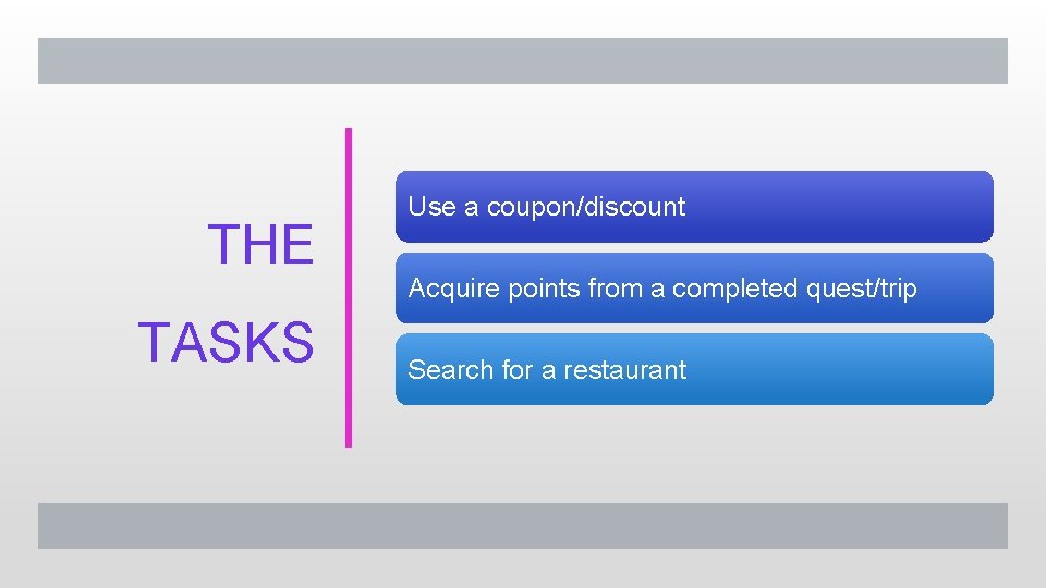 THE TASKS Use a coupon/discount Acquire points from a completed quest/trip Search for a