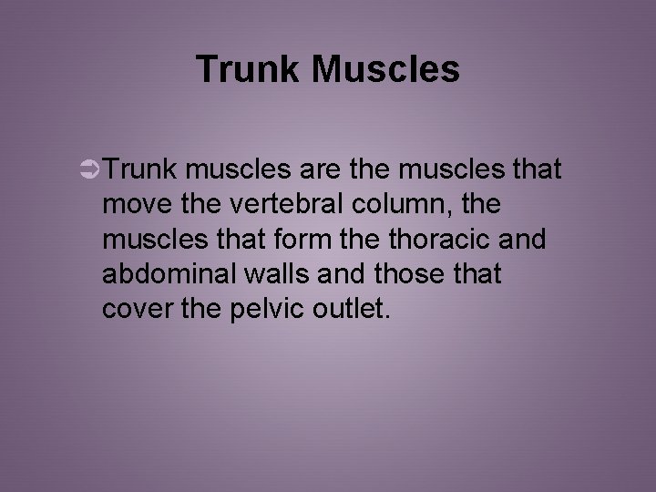 Trunk Muscles Ü Trunk muscles are the muscles that move the vertebral column, the