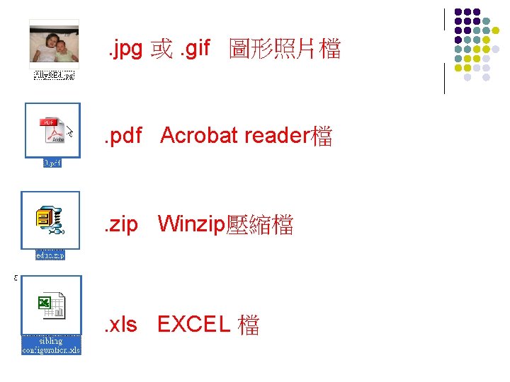 . jpg 或. gif 圖形照片檔 . pdf Acrobat reader檔 . zip Winzip壓縮檔 . xls