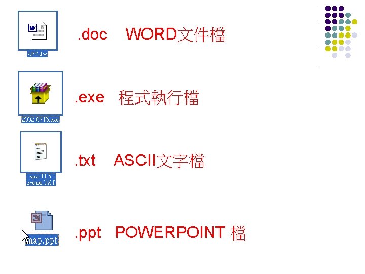 . doc WORD文件檔 . exe 程式執行檔 . txt ASCII文字檔 . ppt POWERPOINT 檔 