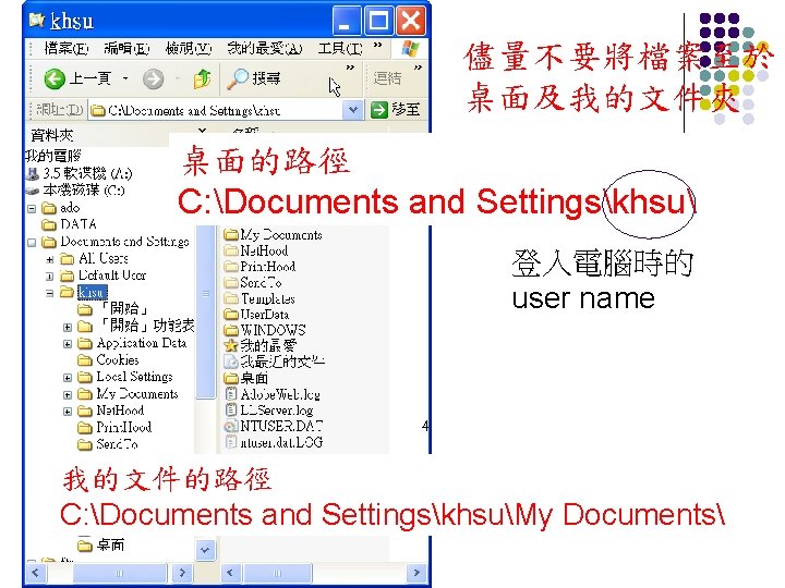 儘量不要將檔案至於 桌面及我的文件夾 桌面的路徑 C: Documents and Settingskhsu 登入電腦時的 user name 我的文件的路徑 C: Documents and