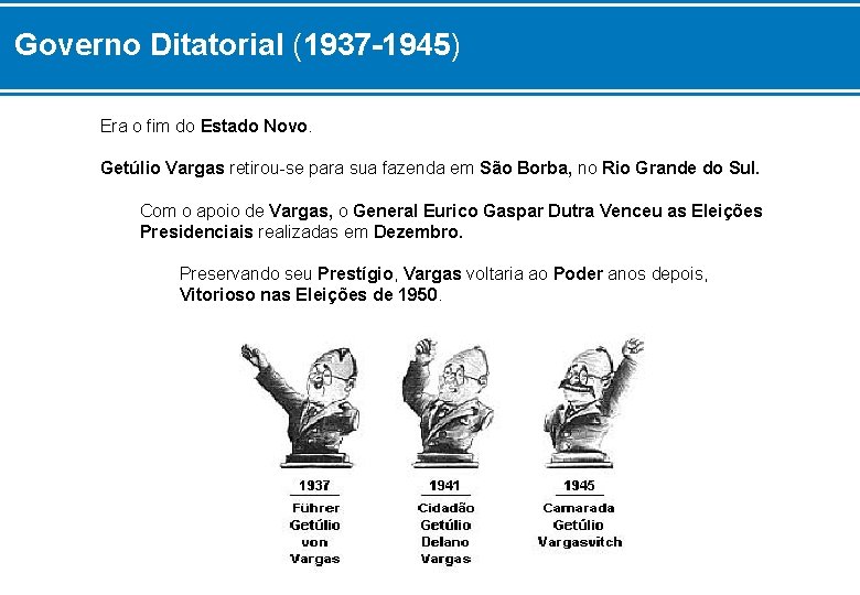 Governo Ditatorial (1937 -1945) Era o fim do Estado Novo. Getúlio Vargas retirou-se para