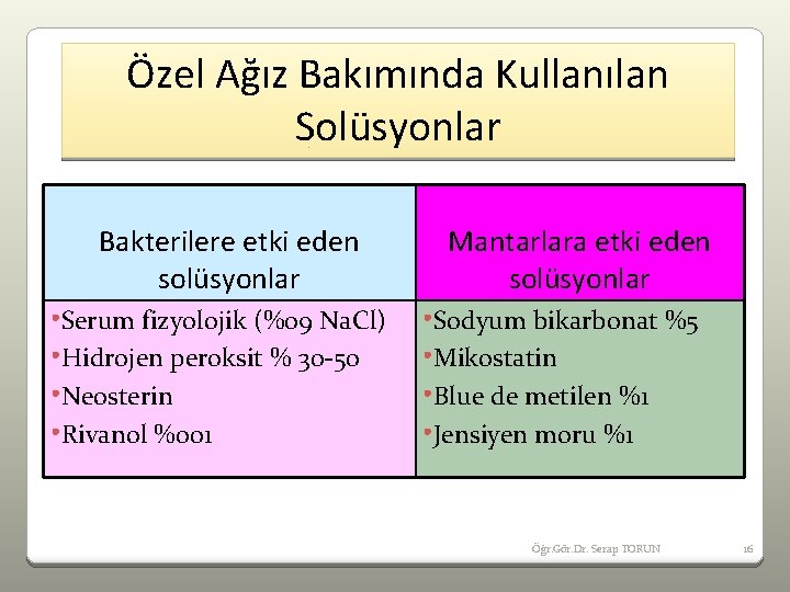 Özel Ağız Bakımında Kullanılan Solüsyonlar Bakterilere etki eden solüsyonlar • Serum fizyolojik (%09 Na.