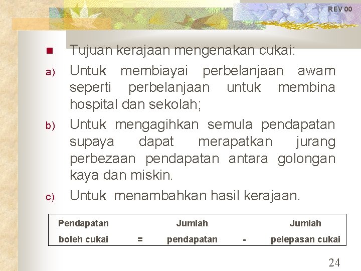 REV 00 a) b) c) Tujuan kerajaan mengenakan cukai: Untuk membiayai perbelanjaan awam seperti