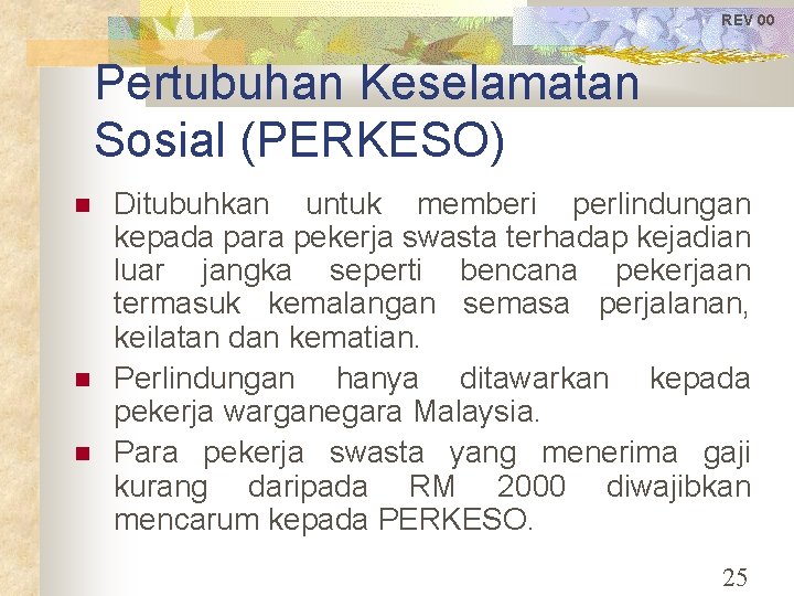 REV 00 Pertubuhan Keselamatan Sosial (PERKESO) Ditubuhkan untuk memberi perlindungan kepada para pekerja swasta