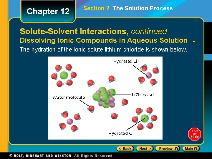 Chapter 12 Section 2 The Solution Process Solute-Solvent Interactions, continued Dissolving Ionic Compounds in