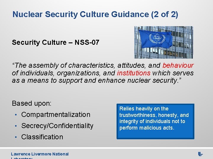 Nuclear Security Culture Guidance (2 of 2) Security Culture – NSS-07 “The assembly of