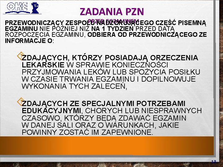 ZADANIA PZN - PRZED EGZAMINEM PRZEWODNICZĄCY ZESPOŁU NADZORUJĄCEGO CZĘŚĆ PISEMNĄ EGZAMINU NIE PÓŹNIEJ NIŻ