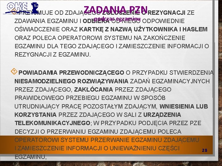 ZADANIA PZN PRZYJMUJE OD ZDAJĄCEGO ZGŁOSZENIE O REZYGNACJI ZE - podczas egzaminu ZDAWANIA EGZAMINU