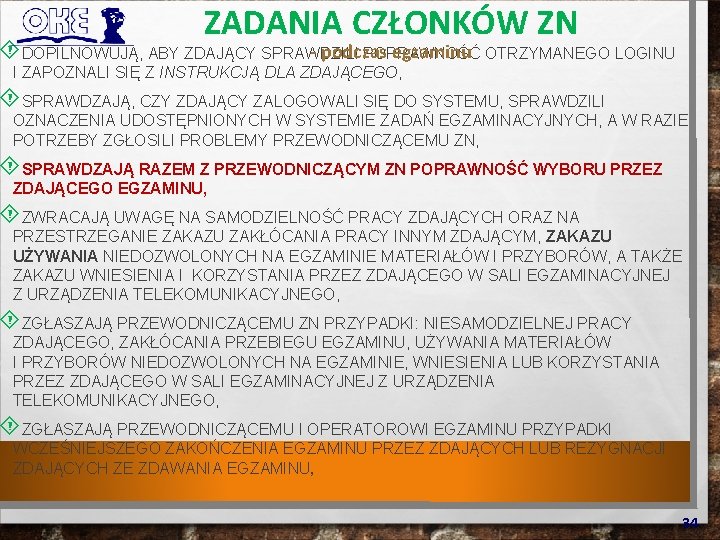 ZADANIA CZŁONKÓW ZN - podczas egzaminu OTRZYMANEGO LOGINU DOPILNOWUJĄ, ABY ZDAJĄCY SPRAWDZILI POPRAWNOŚĆ I