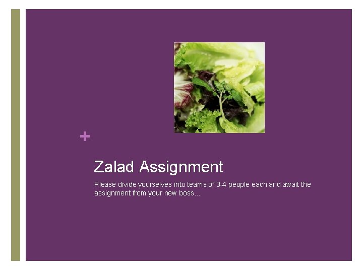 + Zalad Assignment Please divide yourselves into teams of 3 -4 people each and